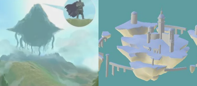 Floating island concept art from Breath of the Wild (left) and 3D model of Celestia from Gendhin Impact (right)