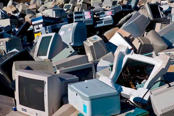 Photo of computer screens in a landfill